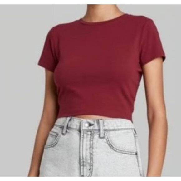 Wild Fable Crop Top Burgundy Size M Stretchy Cotton Blend Casual Short Shirt - Picture 1 of 5